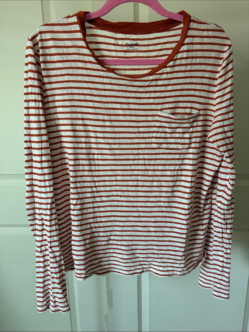 Madewell Rust and White Striped Tee with Pink Accent